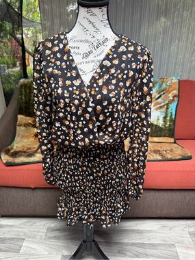 Black Floral Surplice Long-Sleeve Smocked Waist Dress